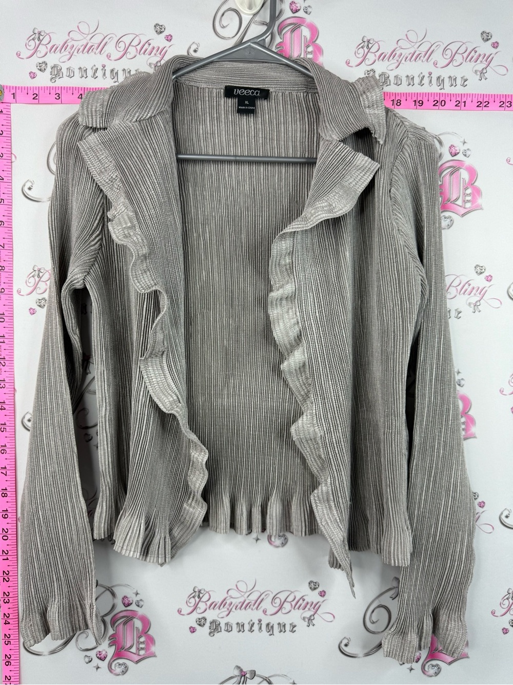 Veeca cardigan pleated shiny Open-Front Ruffle Trim Women’s Cardigan - Beige